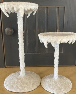Pair Of Vintage Fake Snowflake Encrusted Metal Candle Holders Heavy Stands - Picture 1 of 11