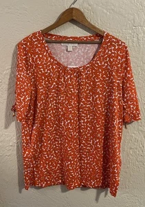 Michael Kors Top Women’s Large Orange Leaves Ruched Short Sleeve NEW - Picture 1 of 8