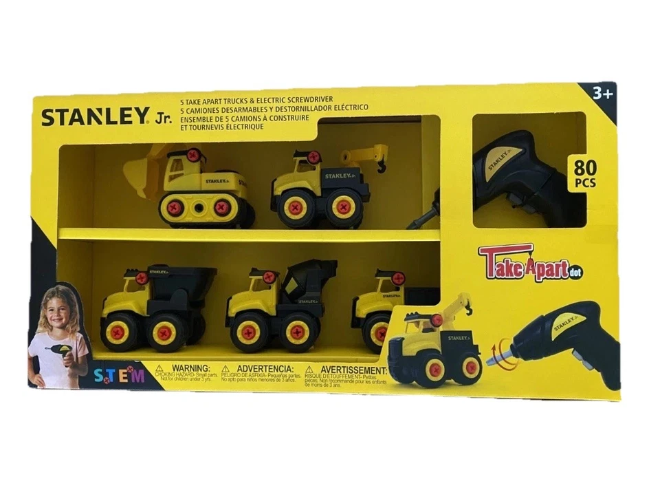 Stanley Jr 5 X take appart toy trucks lorry diggers + electric screwdriver 80pcs - Image 1 of 1