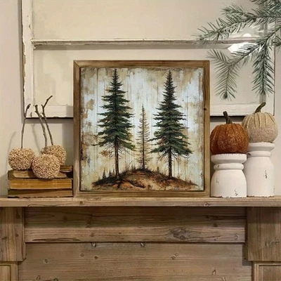 Arte de pino rústico enmarcado vintage paisaje forestal granja decoración de pared de madera Foto 1 de 4