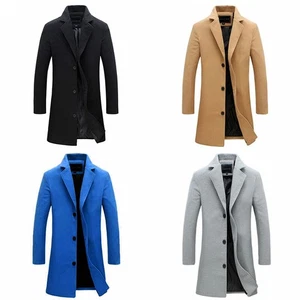 Wool Coat Men Winter Trench Coats Button Up Overcoat Long Sleeve Jacket - Picture 1 of 17