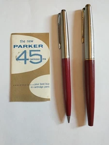 Pluma Estilográfica y Lápiz Parker 45 Tapa Acero Inoxidable Granate, Plumín Oro 14k - Imagen 1 de 6