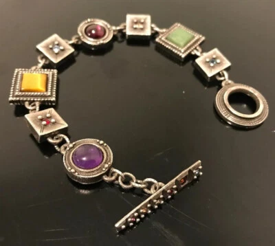 Signed Patricia Locke Pewter Multi Color Crystals 7” Toggle Clasp Bracelet - Image 1 of 2