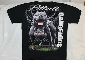 PITBULL TERRIER BEWARE DANGEROUS CHAIN FENCE T-SHIRT - Picture 1 of 4