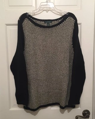 NWT PLUS SIZE RALPH LAUREN BLACK/WHITE BIRDSEYE BOATNECK SWEATER~SIZE 3X $140 - Image 1 of 4