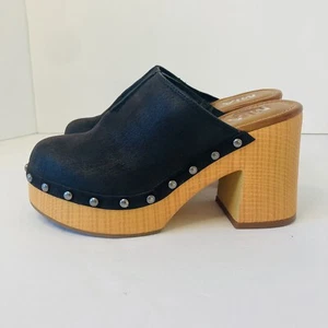 MIA Isra Clogs Black Suede Studded Trim Wooden Platform Chunky Heel Womens Sz 6 - Picture 1 of 7