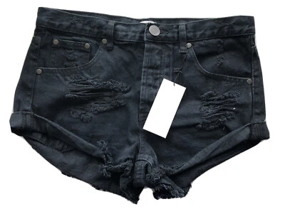 Nuevos Pantalones Cortos Jeans Tobi Negros Destruidos Para Mujer 28 Mini Botón Mosca  Foto 1 de 4