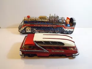 SPARES REPAIRS X2 VINTAGE TINPLATE TOYS BIG TRAIN & TIN TOP TOY COACH (AM111) - Picture 1 of 10