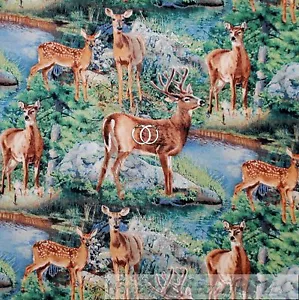 BonEful Fabric FQ Cotton Quilt Deer Scenic Buck Doe Green Grass Tree Blue Water - Picture 1 of 13