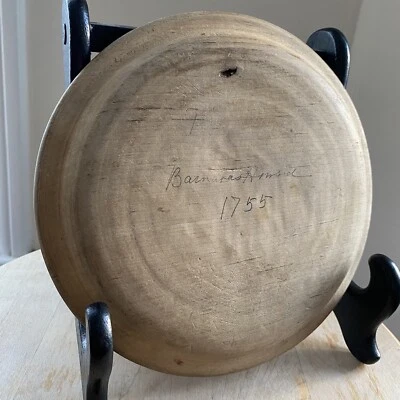ANTIQUE 1755 AMERICAN PRIMITIVE TURNED TREEN PLATE WOOD Revolutionary War Owner! - Image 1 of 4