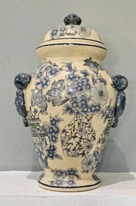 Antique White Blue Glazed Decorative Floral Vases on Ginger Jar Ceramic Pottery - Picture 1 of 8