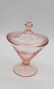 Rare Lancaster Glass Pink Depression Etched Conical Candy Dish #83 with Lid - Picture 1 of 8