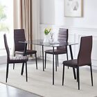 47" Dark Gray Glass Dining Table Round Edge&4x Brown Faux Leather Dining Chairs