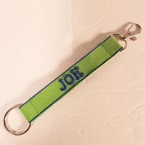 Green Name Strap w JOE Embroidered in Blue Key Ring Keychain with Clasp - Picture 1 of 10