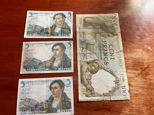 France Currency: 1939 100 Francs, 1943 (3) 5 Francs WWII - Picture 1 of 7