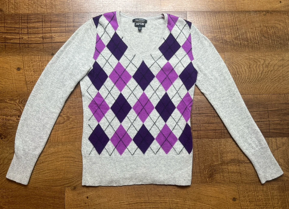 Apt 9 100% кашемир свитер женщин размер маленький Argyle v-образным вырезом пуловер опрятный - Изображение 1 из 4
