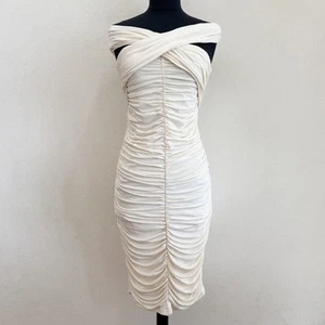 Endless Rose Ruched Bodycon Midi Dress In Cream Small - Picture 1 of 6