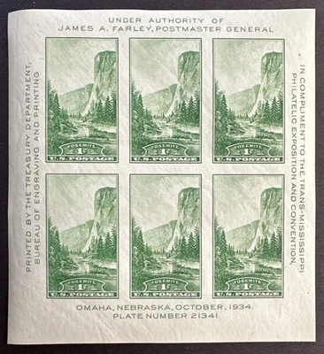 US 1934 Sc# 751 Souvenir Sheet MOG Trans-Mississippi Expo Yosemite El Capitan - Image 1 of 2