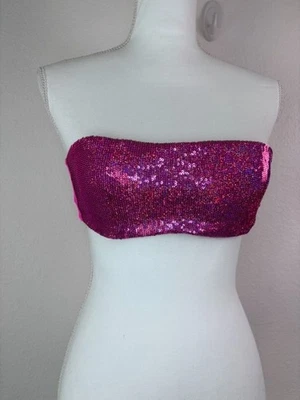 Victoria's Secret women's small hot pink sequin bandeau bikini top strapless - Image 1 of 4