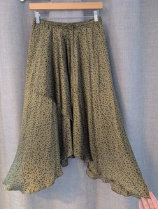 Zara Size 8 Khaki Black Leopard Animal Print Midi Skirt Satin Frill Summer Boho - Picture 1 of 7