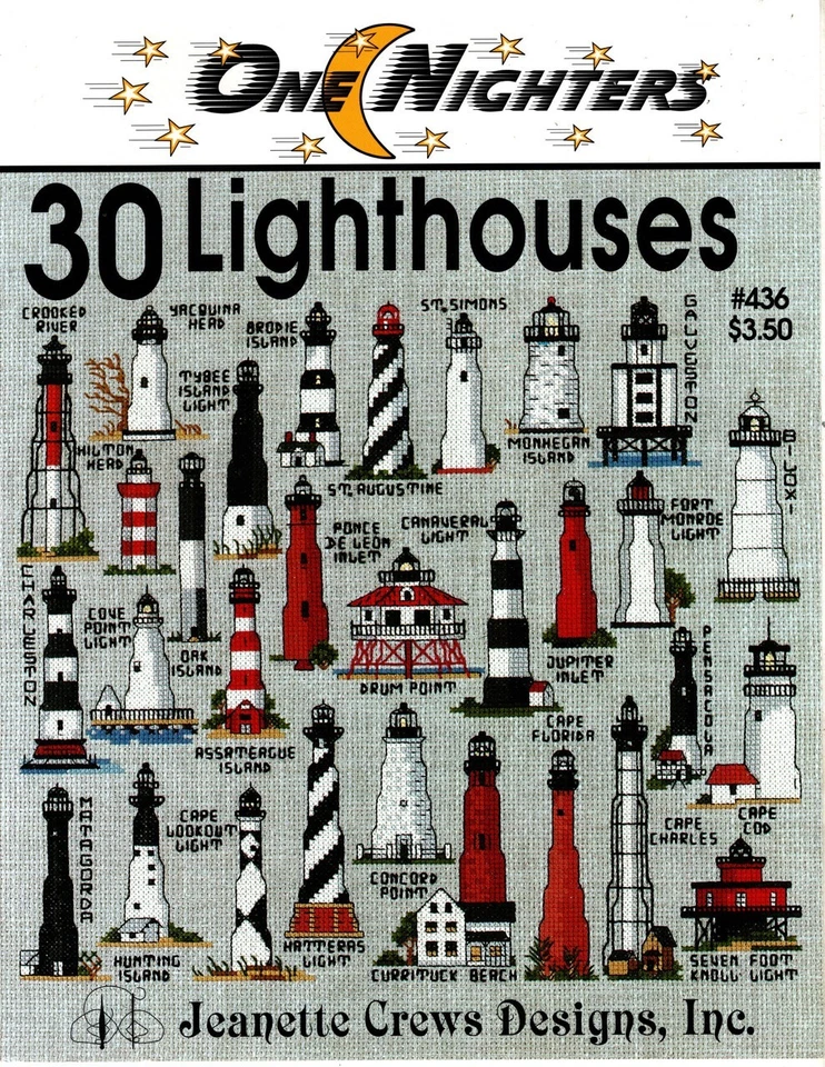 Jeanette Crews Designs  Cross Stitch chart  One Nighters 30 lighthouses - Image 1 of 1