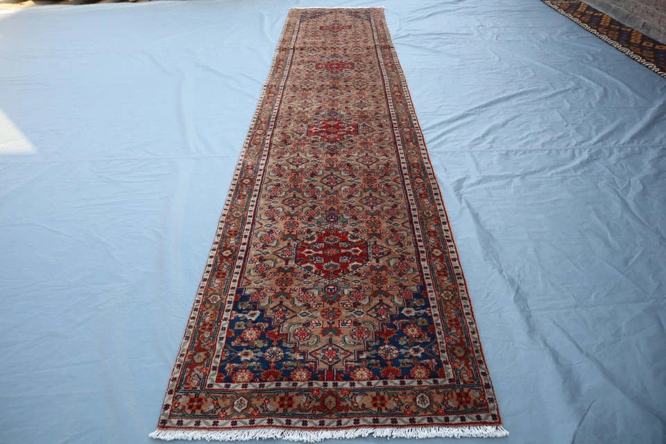 2x11 Malayer Style Runner Rug - Handmade Wool - Red Floral Medallions on Beige. - Image 1 of 4