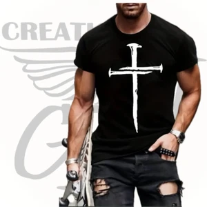 JESUS CROSS 3 NAILS PRINT, MEN'S T-SHIRT, CASUAL COMFY, - Picture 1 of 14