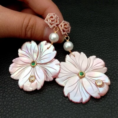Pink Mop Shell Carved Flower White Pearl Cz Stud Earrings - Image 1 of 4