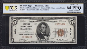 1929 Hamilton Ohio $5 National Banknote Charter 829 PCGS Choice UNC 64 PPQ - Picture 1 of 2