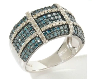 Rarities Sterling Silver Natural White & Blue Diamond Cross-Band Ring Size 6 - Picture 1 of 3