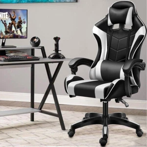 Sedia Gaming Nero e Bianco con Cuscino Poggiatesta Lombare Poltrona da Scrivania - Foto 1 di 7