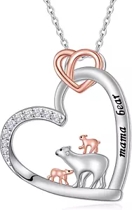 Mothers Day Jewelry Gifts Mama Bear Heart Pendant Necklace 925 Sterling Silver - Picture 1 of 6
