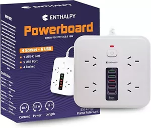 Power Board with Surge Protection, 1.8m , 4 Power Outlets, 5 USB A Slots, 1 USBC - Picture 1 of 12