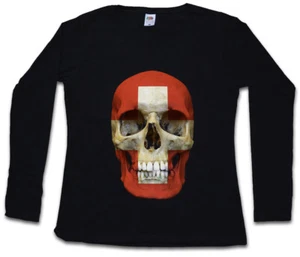 CLASSIC SUISSE SKULL FLAG DAMEN LANGARM T-SHIRT Fahne Schweiz - Picture 1 of 1
