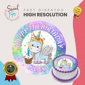 UNICORN ROUND EDIBLE BIRTHDAY CAKE TOPPER DECORATION PERSONALISED - Picture 1 of 1