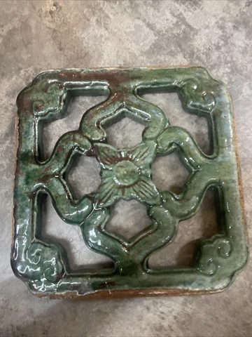 Green Majolica Tile Large Garden Wall Accent Trefoil Cutouts Double Sided Stove Cover