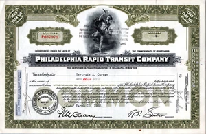 Certificado de acciones Philadelphia Rapid Transit Company RR - 4 acciones comunes 1938 - Imagen 1 de 2