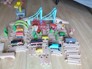 WOODEN TRAIN SET - Complete With Track, Junctions, Bridge And Trains - Picture 1 of 10