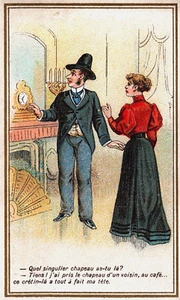 Tarjeta comercial victoriana Quel Singulier Chapeau as-tu lá? Tarjeta Hombre y Mujer L1 - Imagen 1 de 2