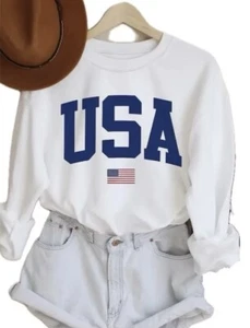 New Women’s USA Flag Long Sleeve Crew Neck Sweatshirt 4th of July White Medium - Picture 1 of 3