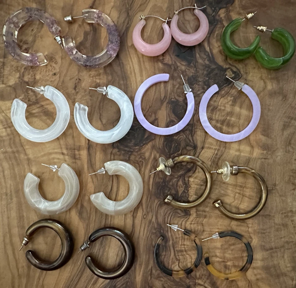 Resin & Acrylic Hoop Earrings Faux Tortoise Shell Brown Pink Green Purple 9 Sets - Image 1 of 4
