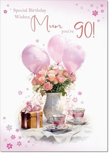 Doodlecards Mum 90th Birthday Card Age 90 Tea Party and Balloons - Picture 1 of 4
