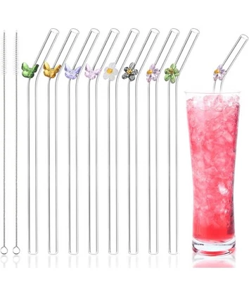 Pack Pajitas de Vidrio Reutilizables con Dijes de Mariposa Flor - 8" x 8 MM Foto 1 de 2