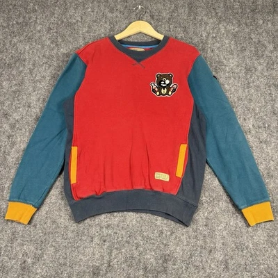 Entree LS Bear Patch Sweatshirt Mens M Red Teal Colorblock Streetwear - Image 1 of 4