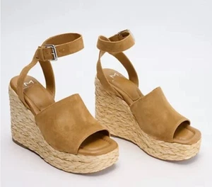New Marc Fisher LTD Nelly Suede Espadrille Wedge Sandals Ankle Strap Tan 8M - Picture 1 of 8