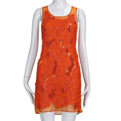 Vestido Michael Kors Talla Pequeña Retro Naranja Cuentas Tropical Hoja de Palma Apliques Nuevo con Etiquetas Foto 1 de 4