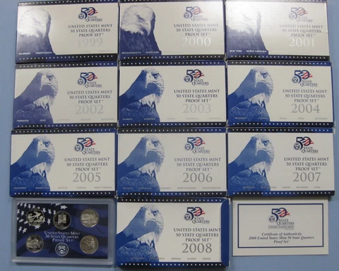 1999 thru 2009 Run of 11 Government Issued State Quarter Proof Sets with Boxes Cover
