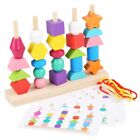 Wooden Beads Sequencing Toy Set, Stacking Blocks & Lacing Beads & Matching Shape