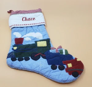 Pottery Barn Quilted Train Stocking Monogramed "Chace" Christmas Holiday - Bild 1 von 3