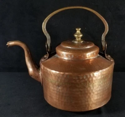 Antigua tetera de latón y cobre del siglo XIX forjada a mano forrada de estaño 7,2x7 muy bien Foto 1 de 4